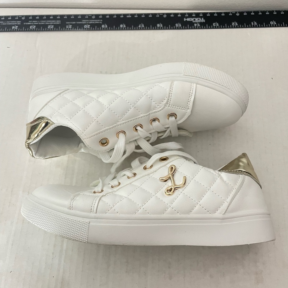 Women's Quilted White Sneakers with Gold Accents